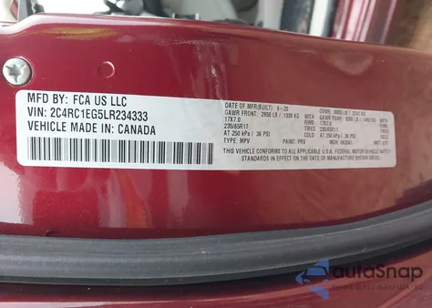 2020 Chrysler Pacifica Touring L Plus z USA, uszkodzony, nr VIN 2C4RC1EG5LR234333